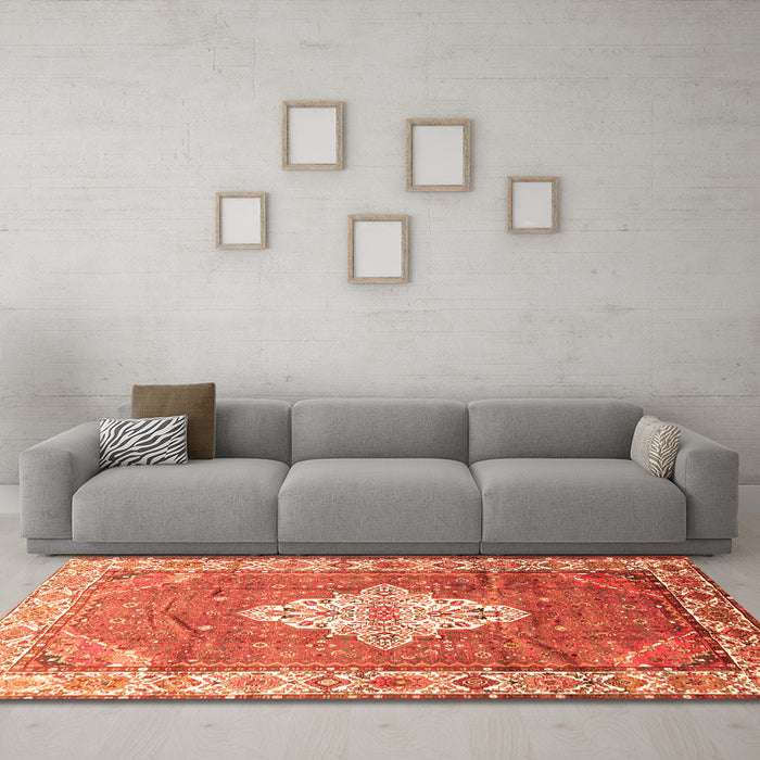 Machine Washable Medallion Orange Traditional Area Rugs in a Living Room, wshtr302org