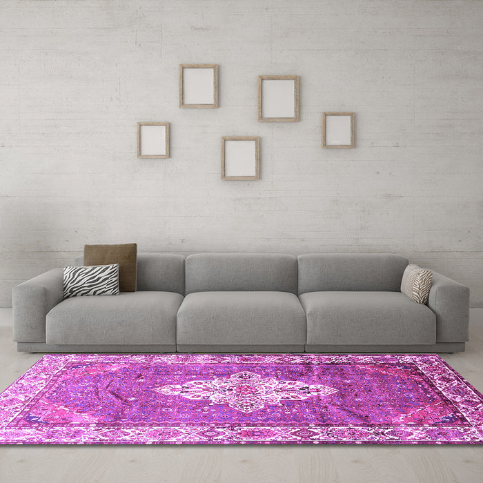 Machine Washable Medallion Purple Traditional Area Rugs in a Living Room, wshtr302pur