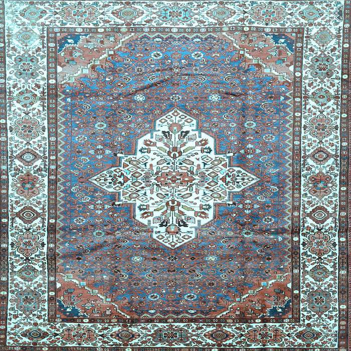 Square Machine Washable Medallion Light Blue Traditional Rug, wshtr302lblu