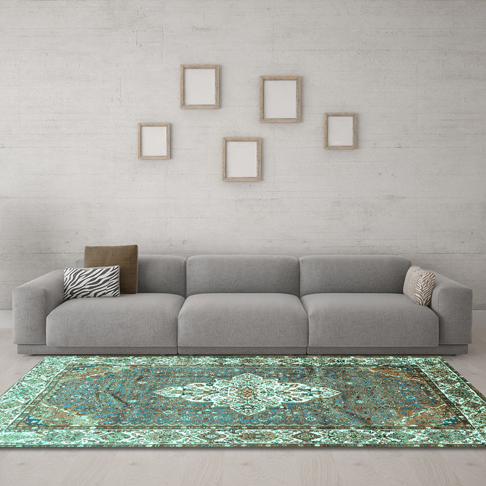 Machine Washable Medallion Turquoise Traditional Area Rugs in a Living Room,, wshtr302turq