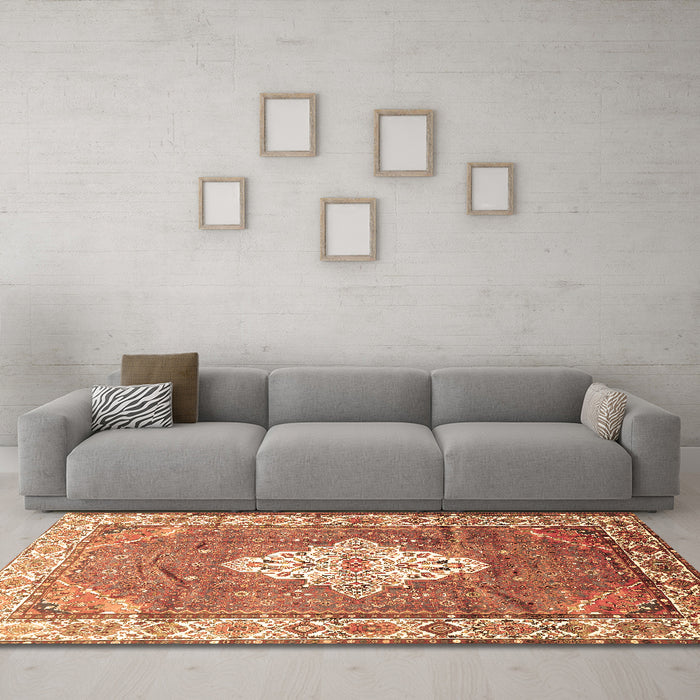Machine Washable Medallion Brown Traditional Rug in a Living Room,, wshtr302brn