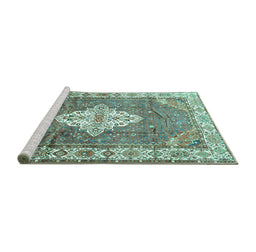 Sideview of Machine Washable Medallion Turquoise Traditional Area Rugs, wshtr302turq