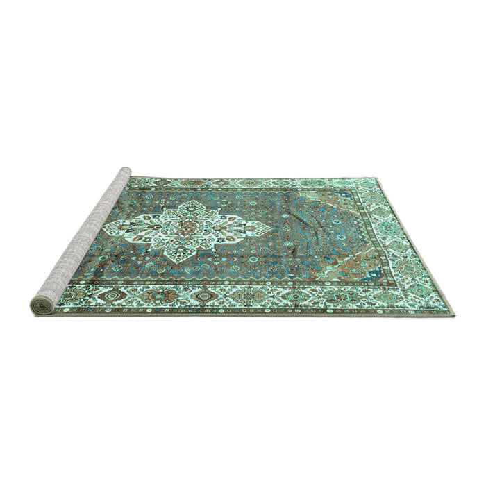 Sideview of Machine Washable Medallion Turquoise Traditional Area Rugs, wshtr302turq