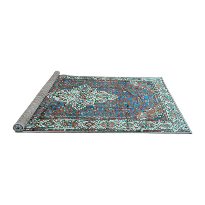 Sideview of Machine Washable Medallion Light Blue Traditional Rug, wshtr302lblu