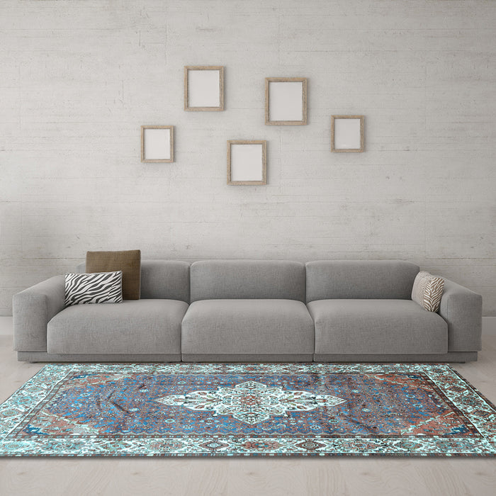 Machine Washable Medallion Light Blue Traditional Rug in a Living Room, wshtr302lblu