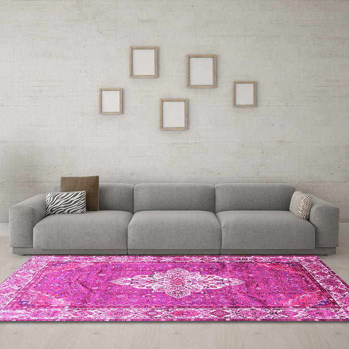 Machine Washable Medallion Pink Traditional Rug in a Living Room, wshtr302pnk