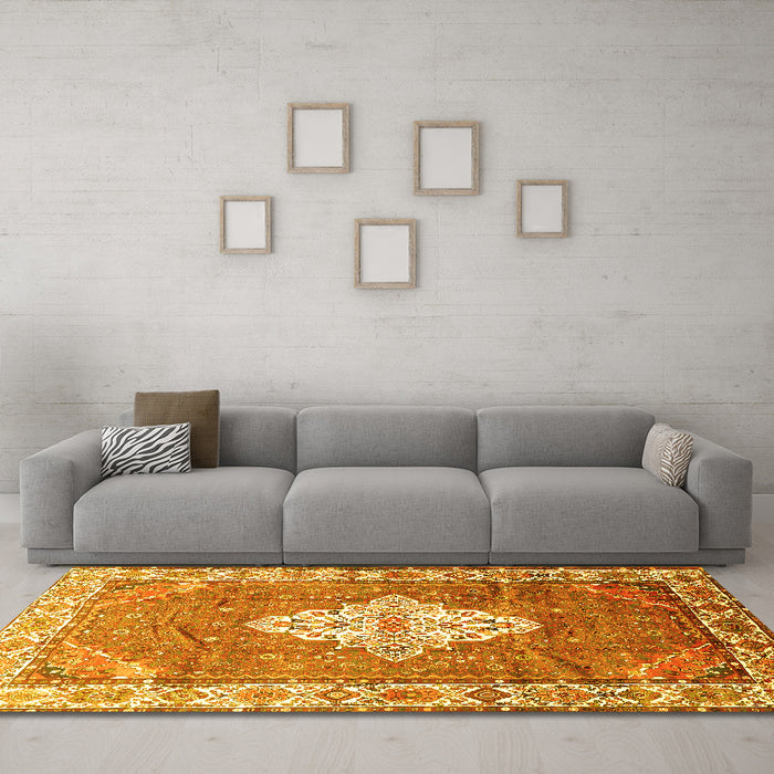 Machine Washable Medallion Yellow Traditional Rug in a Living Room, wshtr302yw