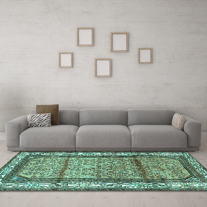Machine Washable Persian Turquoise Traditional Area Rugs in a Living Room,, wshtr3030turq