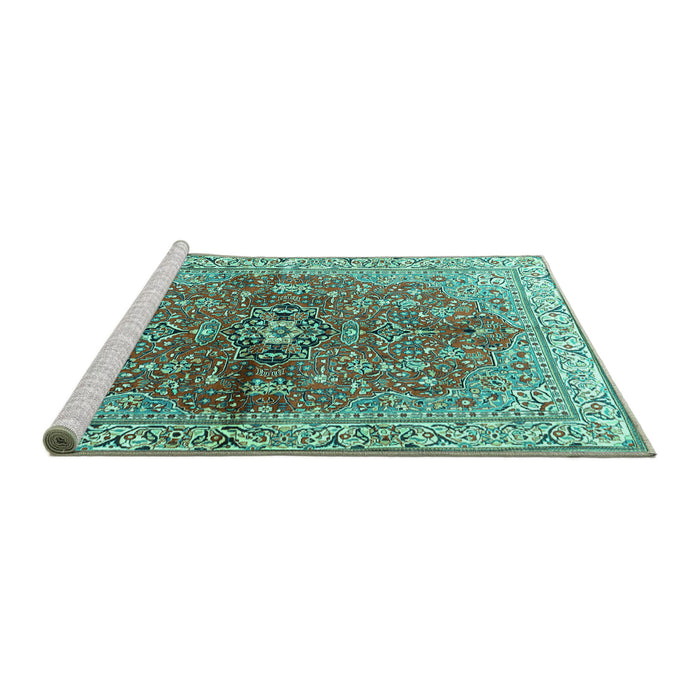 Sideview of Machine Washable Persian Turquoise Traditional Area Rugs, wshtr3031turq