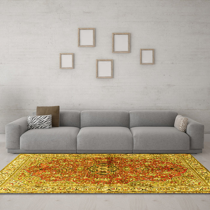 Machine Washable Persian Yellow Traditional Rug in a Living Room, wshtr3031yw