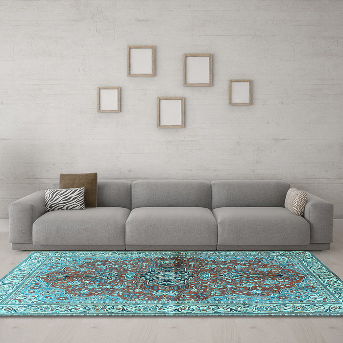 Machine Washable Persian Light Blue Traditional Rug in a Living Room, wshtr3031lblu