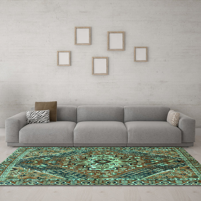 Machine Washable Persian Turquoise Traditional Area Rugs in a Living Room,, wshtr3033turq