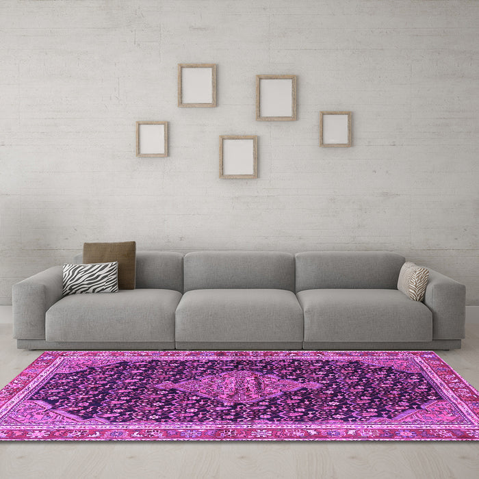 Machine Washable Medallion Purple Traditional Area Rugs in a Living Room, wshtr3034pur