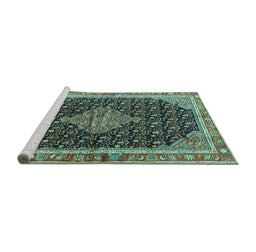Sideview of Machine Washable Medallion Turquoise Traditional Area Rugs, wshtr3034turq