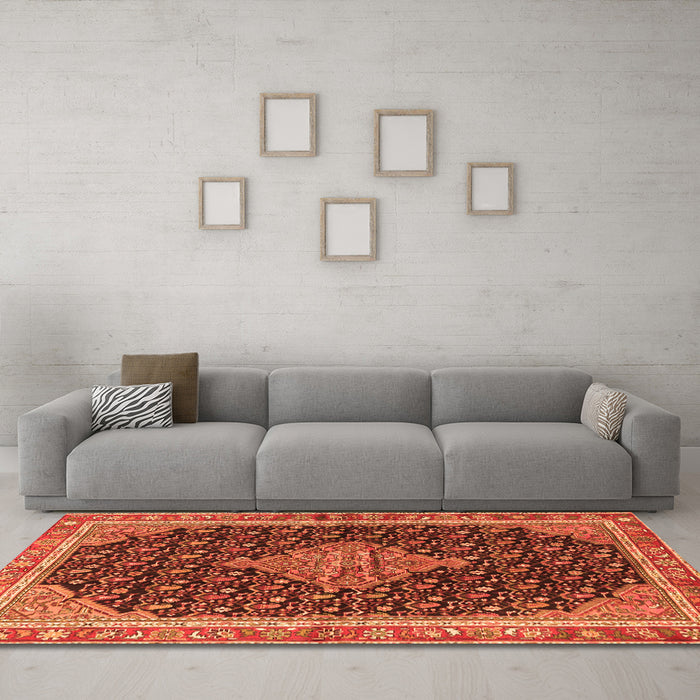 Machine Washable Medallion Orange Traditional Area Rugs in a Living Room, wshtr3034org