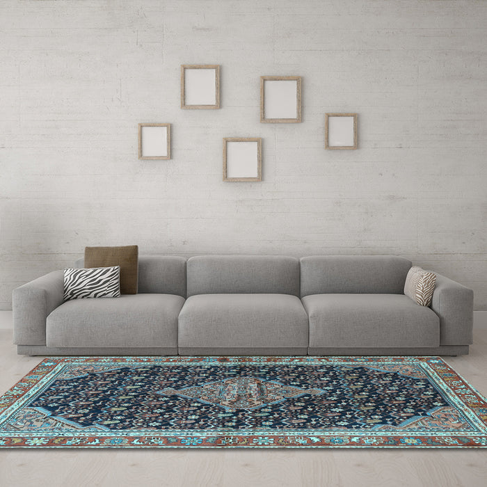 Machine Washable Medallion Light Blue Traditional Rug in a Living Room, wshtr3034lblu