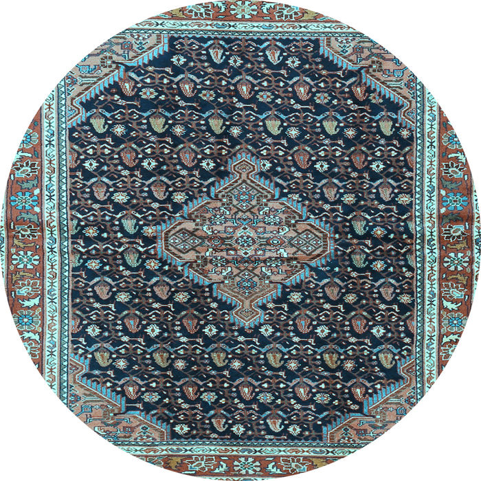 Round Machine Washable Medallion Light Blue Traditional Rug, wshtr3034lblu