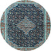 Round Machine Washable Medallion Light Blue Traditional Rug, wshtr3034lblu