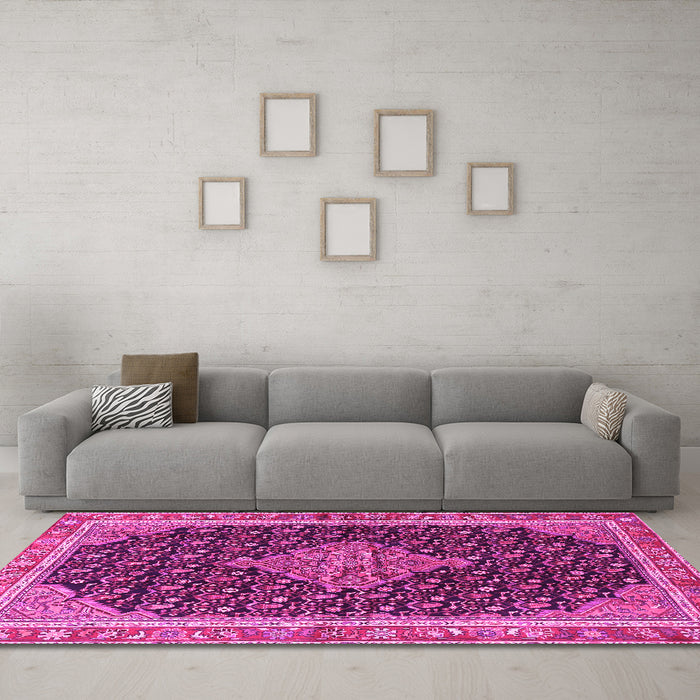 Machine Washable Medallion Pink Traditional Rug in a Living Room, wshtr3034pnk