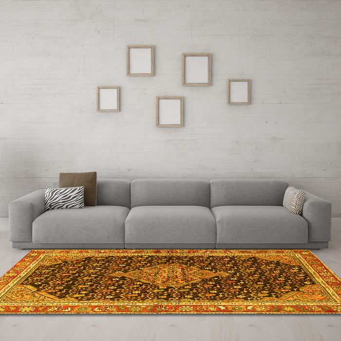 Machine Washable Medallion Yellow Traditional Rug in a Living Room, wshtr3034yw