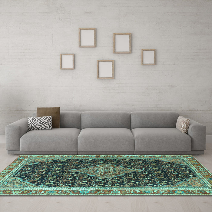 Machine Washable Medallion Turquoise Traditional Area Rugs in a Living Room,, wshtr3034turq