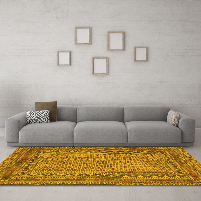 Machine Washable Southwestern Yellow Country Rug in a Living Room, wshtr3039yw