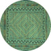 Round Machine Washable Southwestern Turquoise Country Area Rugs, wshtr3039turq