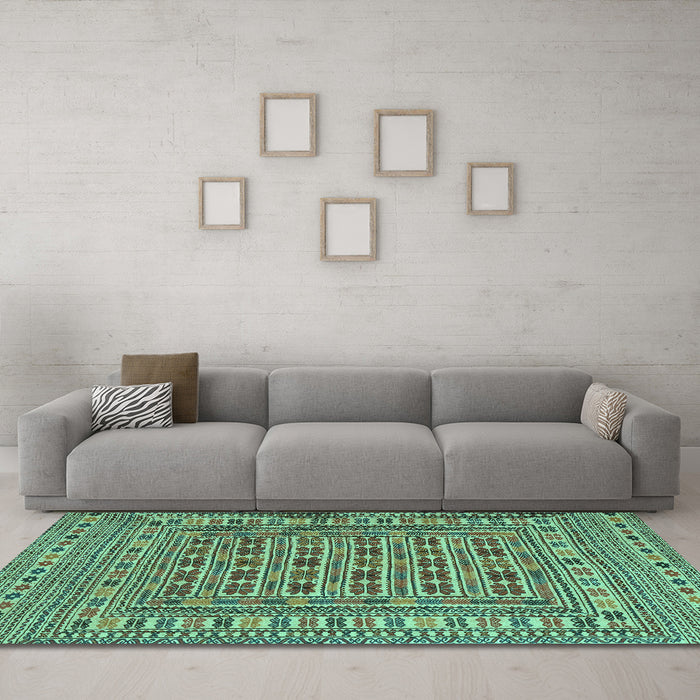 Machine Washable Southwestern Turquoise Country Area Rugs in a Living Room,, wshtr3043turq