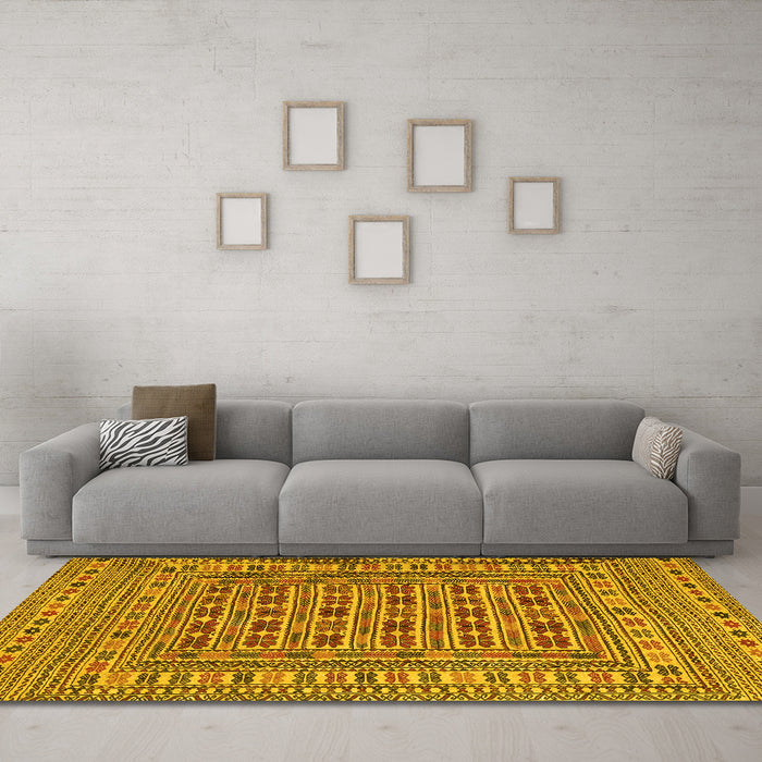 Machine Washable Southwestern Yellow Country Rug in a Living Room, wshtr3043yw