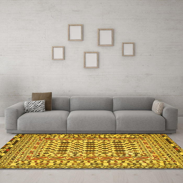 Machine Washable Southwestern Yellow Country Rug in a Living Room, wshtr3047yw