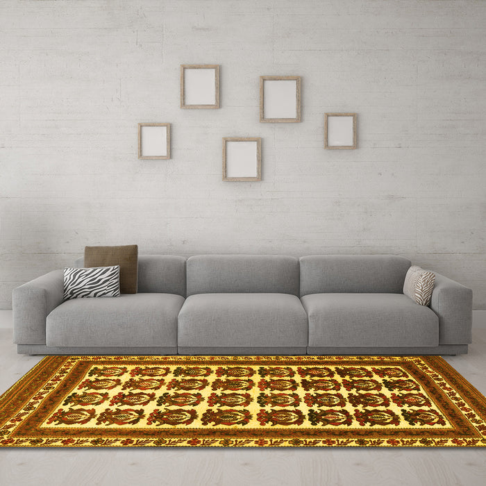 Machine Washable Persian Yellow Traditional Rug in a Living Room, wshtr3049yw