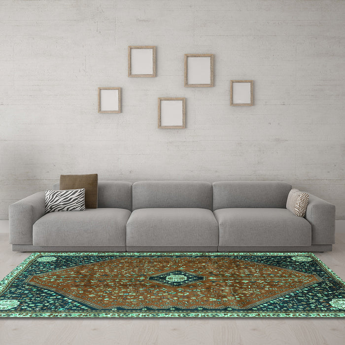 Machine Washable Persian Turquoise Traditional Area Rugs in a Living Room,, wshtr3050turq