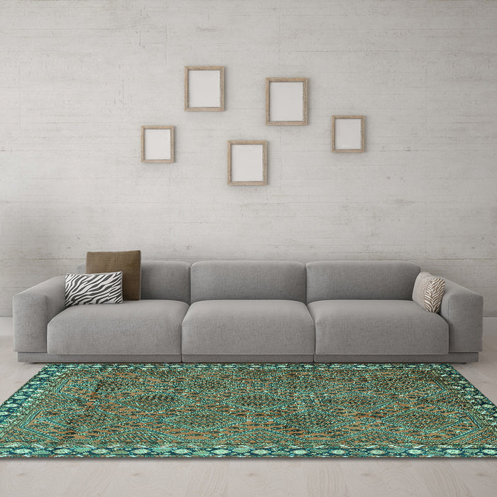 Machine Washable Persian Turquoise Traditional Area Rugs in a Living Room,, wshtr3051turq
