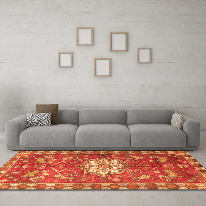 Machine Washable Animal Orange Traditional Area Rugs in a Living Room, wshtr3052org