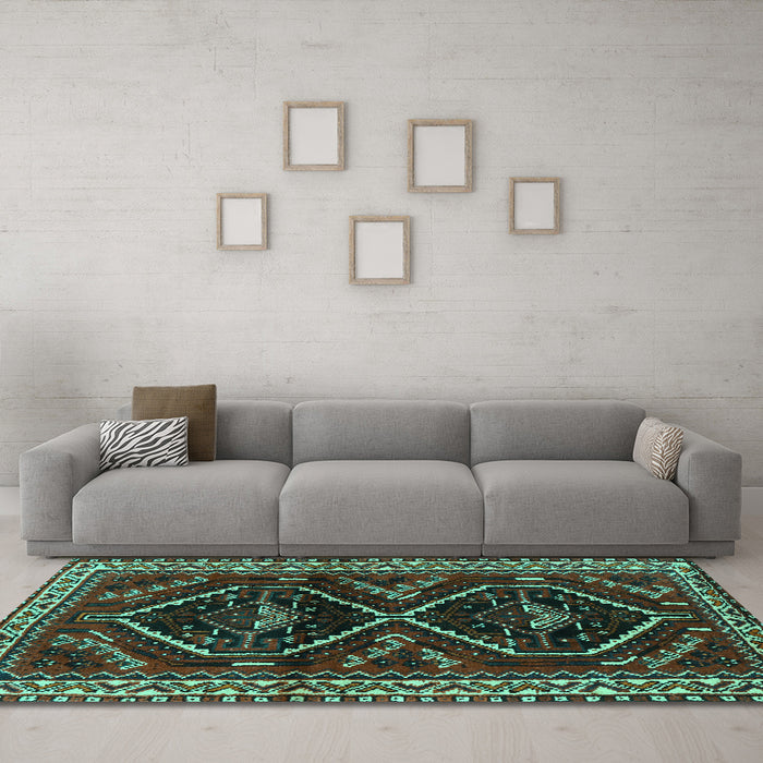 Machine Washable Persian Turquoise Traditional Area Rugs in a Living Room,, wshtr3055turq