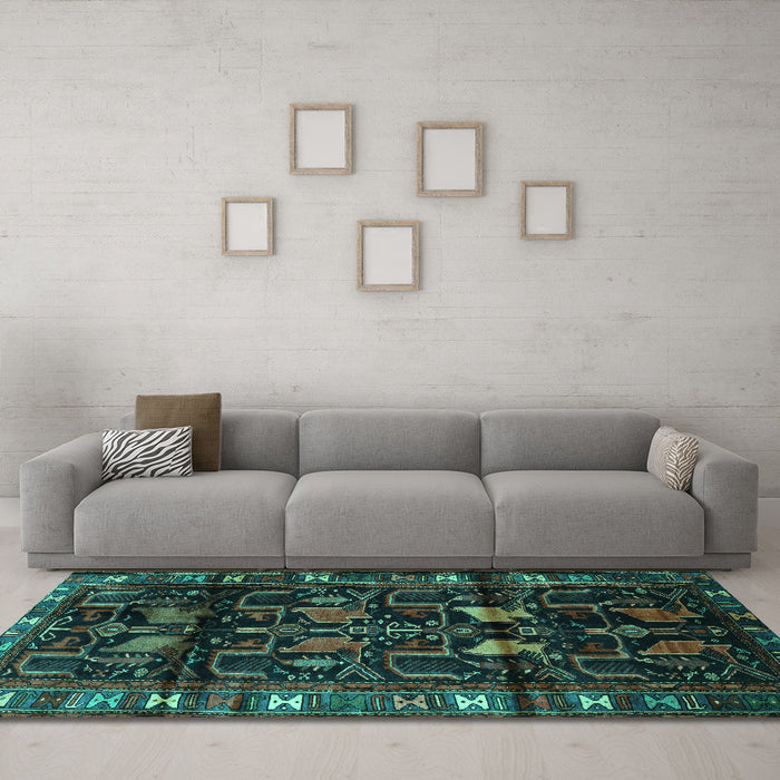 Machine Washable Persian Turquoise Traditional Area Rugs in a Living Room,, wshtr3056turq