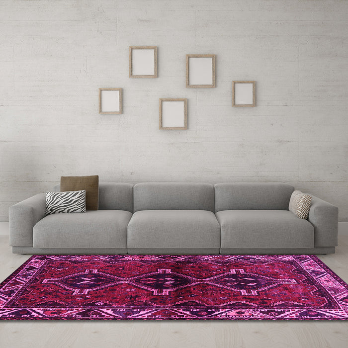 Machine Washable Persian Pink Traditional Rug in a Living Room, wshtr3057pnk