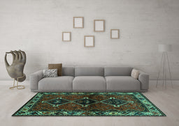 Machine Washable Persian Turquoise Traditional Area Rugs in a Living Room,, wshtr3057turq