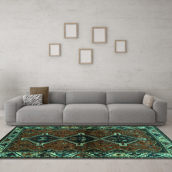 Machine Washable Persian Turquoise Traditional Area Rugs in a Living Room,, wshtr3057turq