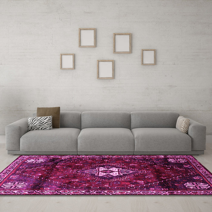 Machine Washable Persian Pink Traditional Rug in a Living Room, wshtr3058pnk