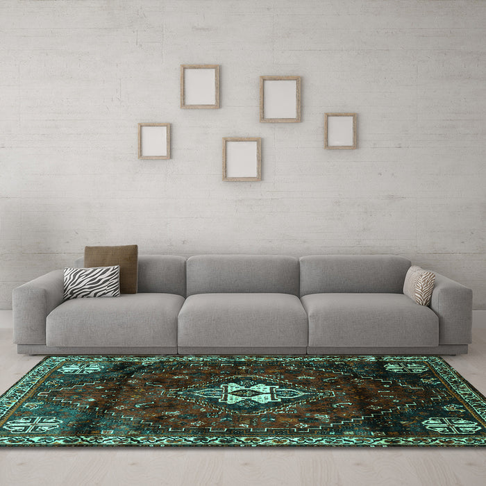 Machine Washable Persian Turquoise Traditional Area Rugs in a Living Room,, wshtr3058turq
