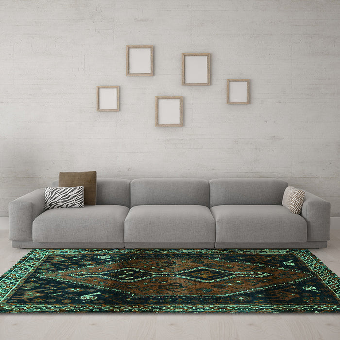 Machine Washable Persian Turquoise Traditional Area Rugs in a Living Room,, wshtr3059turq
