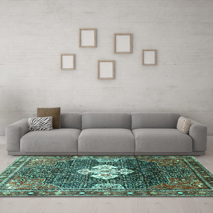 Machine Washable Persian Turquoise Traditional Area Rugs in a Living Room,, wshtr305turq
