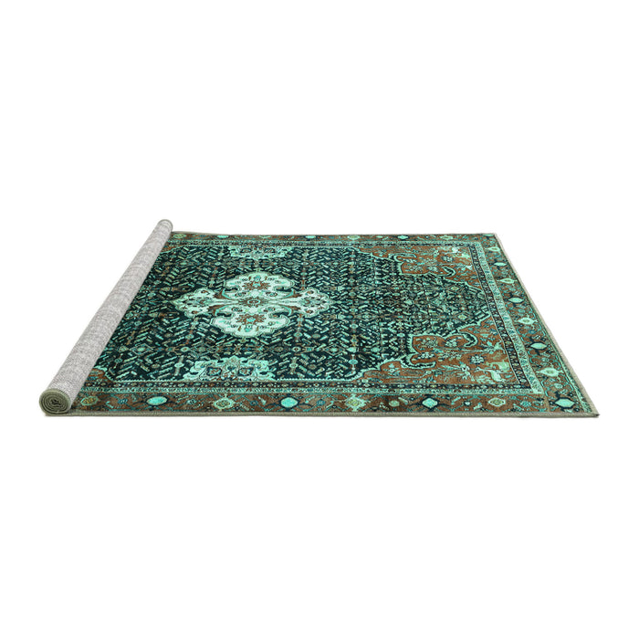 Sideview of Machine Washable Persian Turquoise Traditional Area Rugs, wshtr305turq