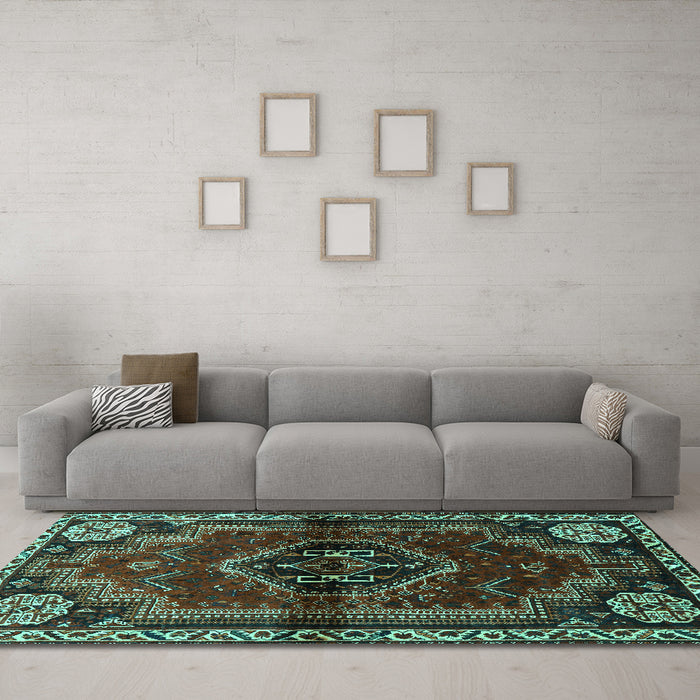 Machine Washable Persian Turquoise Traditional Area Rugs in a Living Room,, wshtr3061turq