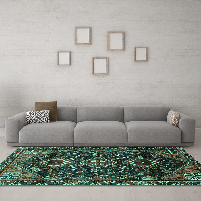 Machine Washable Persian Turquoise Traditional Area Rugs in a Living Room,, wshtr3062turq
