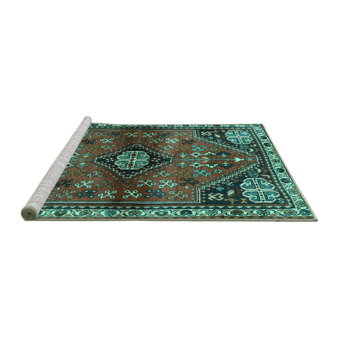 Sideview of Machine Washable Persian Turquoise Traditional Area Rugs, wshtr3063turq