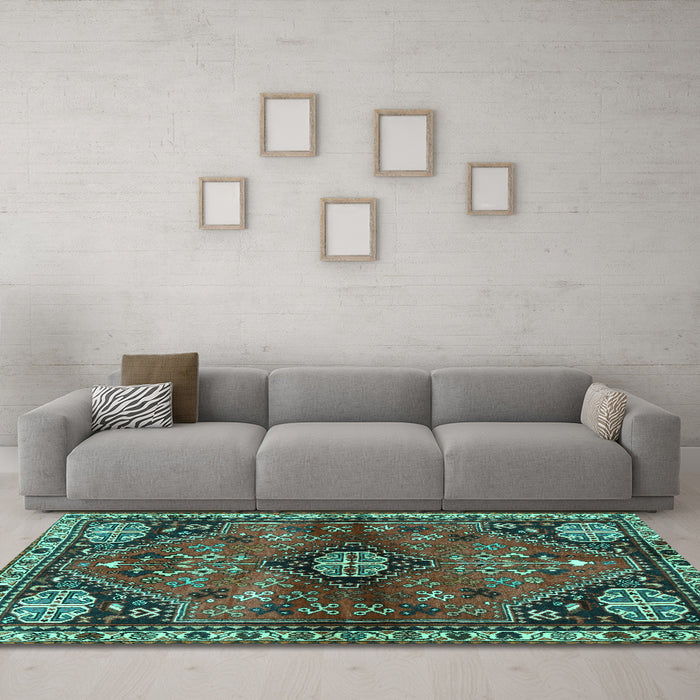 Machine Washable Persian Turquoise Traditional Area Rugs in a Living Room,, wshtr3063turq