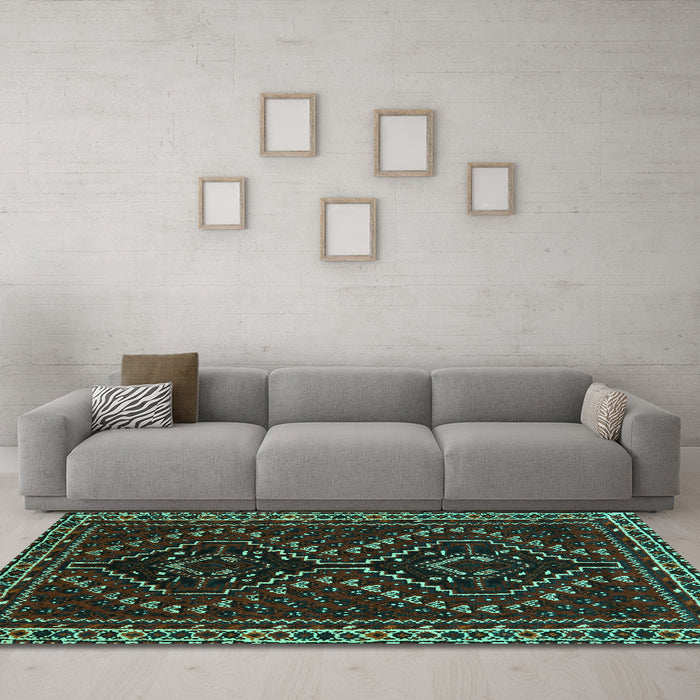 Machine Washable Persian Turquoise Traditional Area Rugs in a Living Room,, wshtr3067turq