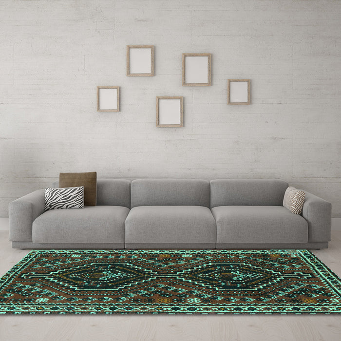 Machine Washable Persian Turquoise Traditional Area Rugs in a Living Room,, wshtr3069turq